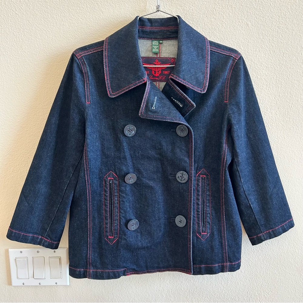 Lauren by Ralph Lauren Blue Denim Jacket 3/4 Sleeve Nautical Red Accents